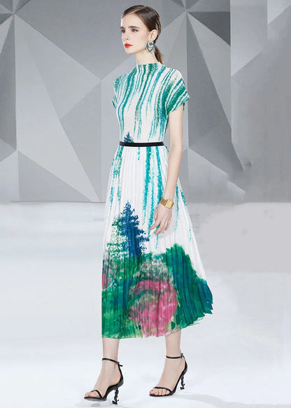Italian Green Print Wrinkled Cotton Tops and Pleated Skirt Two Pieces Set Summer