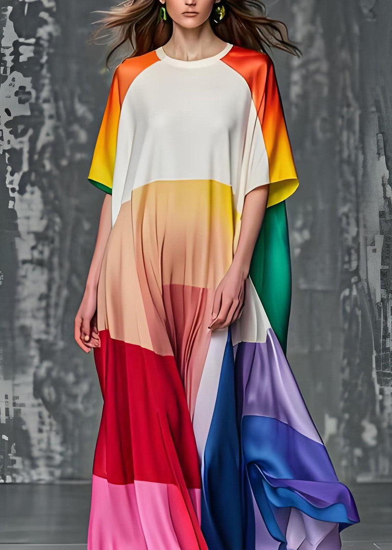 Colorblock O Neck Silk Dresses Summer