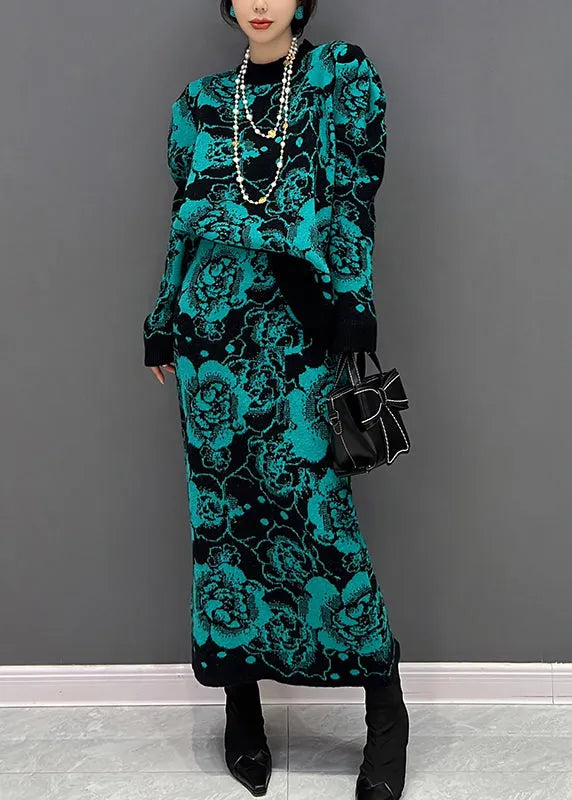 Green O-neck Print Top and Maxi Skirts Two Piece Set Fall