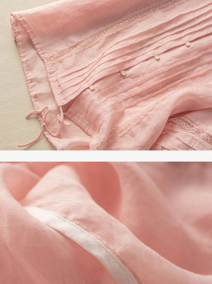 Pure Color V Neck 3/4 Sleeve Linen Top