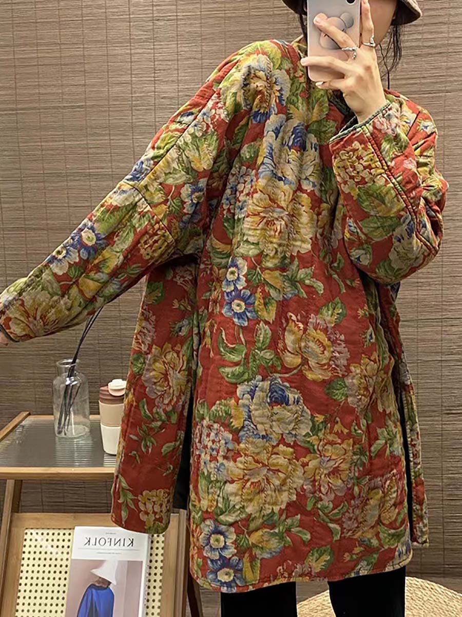 Winter Button Print Splict Hem Coat