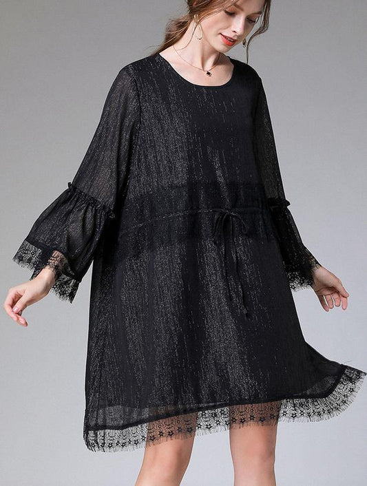 Black Tie Waist Flare Sleeve Mini Summer Chiffon Dress