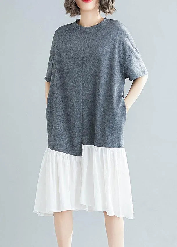 Unique Asymmetric Patchwork Cotton Tunic Shirts Gray Short Sleeve Traveling Dresses Summer