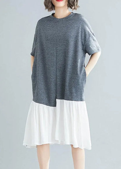 Unique Asymmetric Patchwork Cotton Tunic Shirts Gray Short Sleeve Traveling Dresses Summer