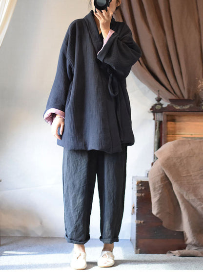 Winter Chinese Style Drawstring Linen Cotton Coat