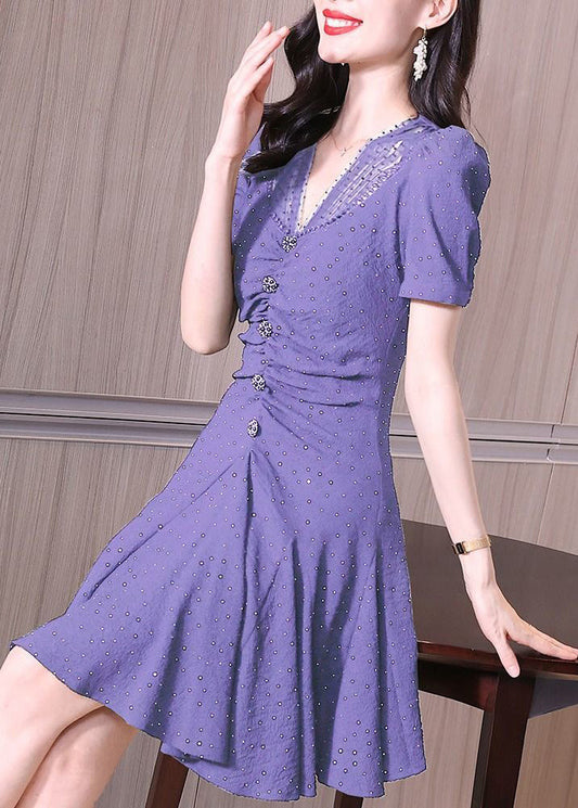 Purple V Neck Ruffled Chiffon Dress Summer
