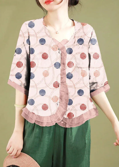 Red Ruffled Button Patchwork Linen Blouse Top Summer