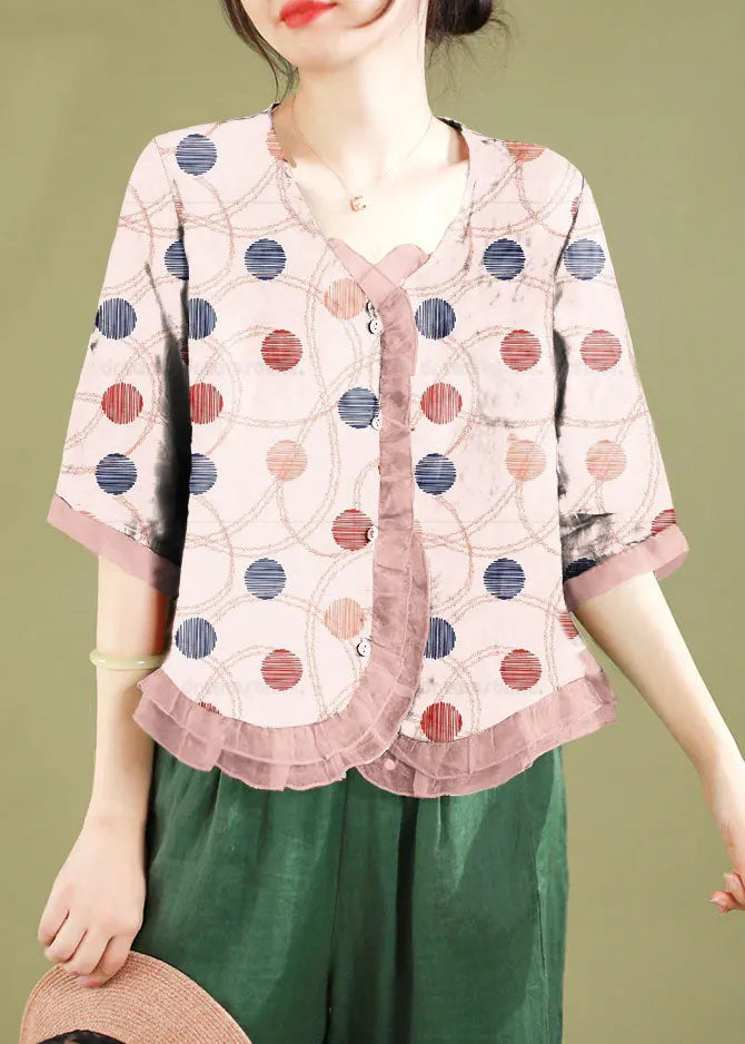 Red Ruffled Button Patchwork Linen Blouse Top Summer