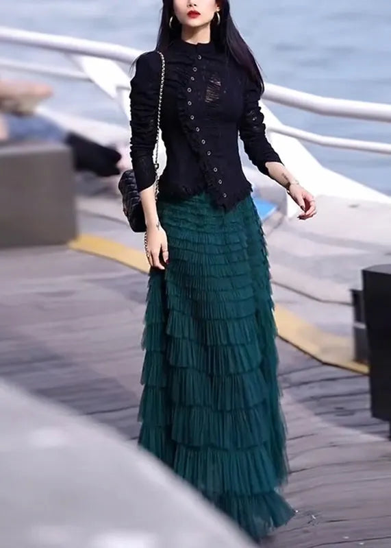 French O-neck Button Top and Tulle Pleated Skirt Two Piece Set Spring