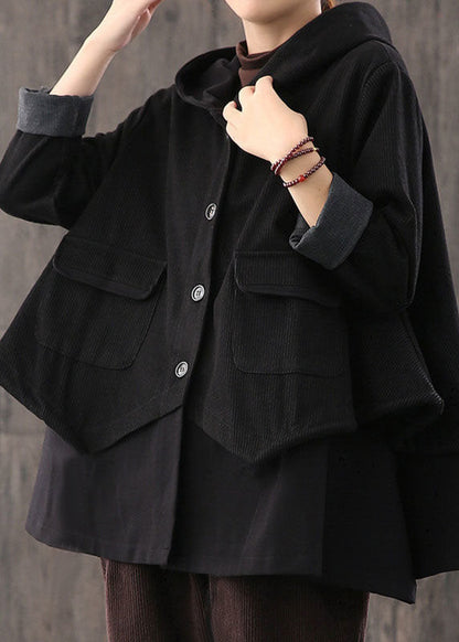 Handmade Black Drawstring Patchwork Striped Coat Fall