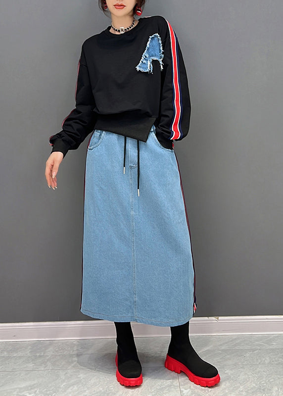 Black O-neck Striped Pullover and Skirts Two Piece Suit Set Fall
