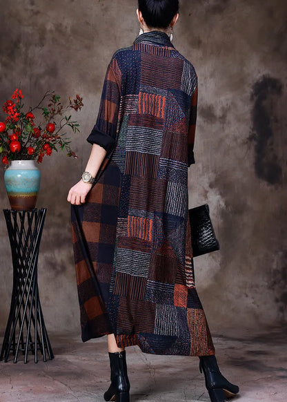 Coffee Turtleneck Plaid Patchwork Velour Maxi Dress Long Sleeve
