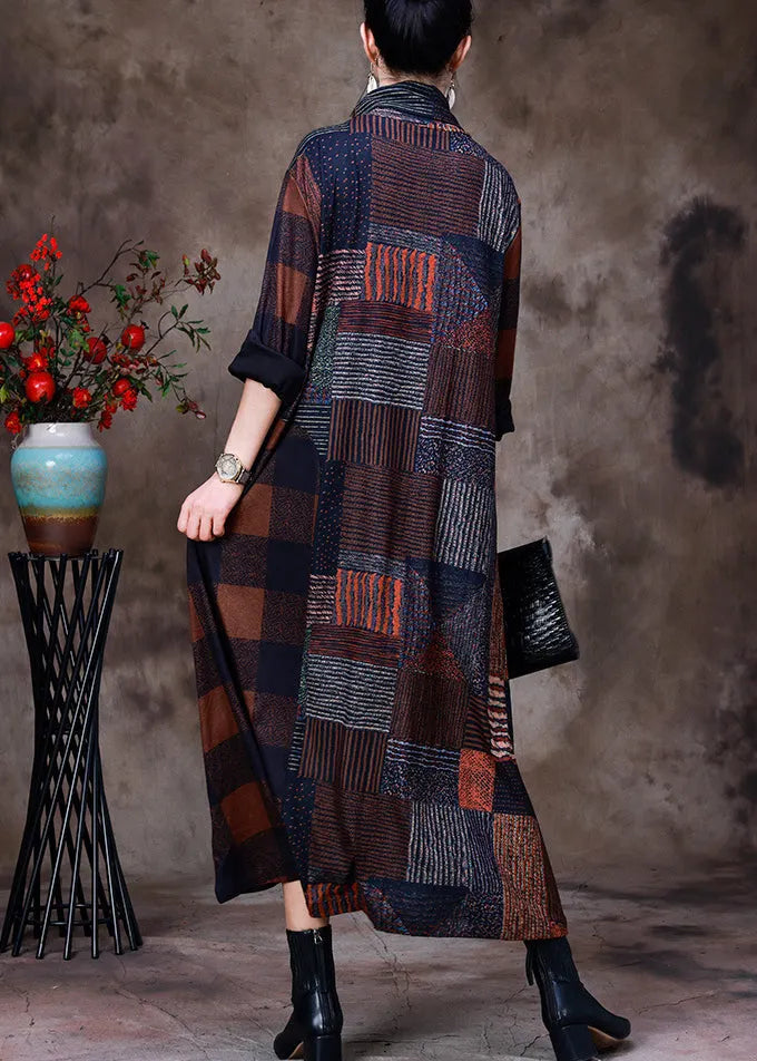 Coffee Turtleneck Plaid Patchwork Velour Maxi Dress Long Sleeve