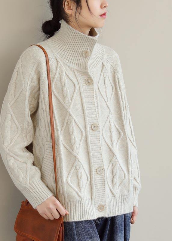 Cozy Beige Sweaters Stand Collar Pockets Knit Sweat Tops