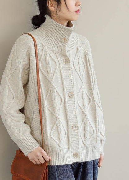 Cozy Beige Sweaters Stand Collar Pockets Knit Sweat Tops
