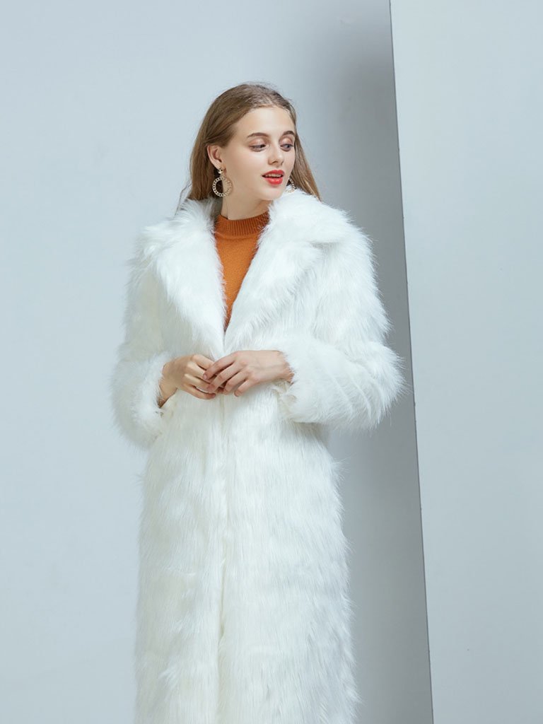 Faux Fur Coat V Neck Long Sleeve Maxi Winter Coat
