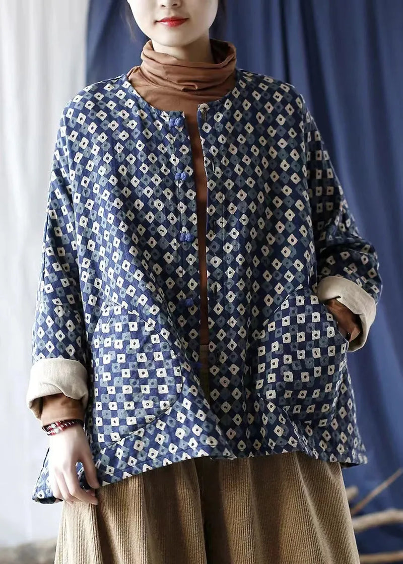 Blue Oversized Print Linen Coat Spring