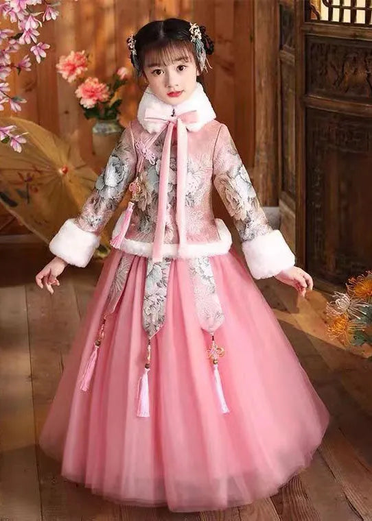 Blue Fur Collar Print Button Coats and Tulle Maxi Skirts Two Pieces Set Long Sleeve