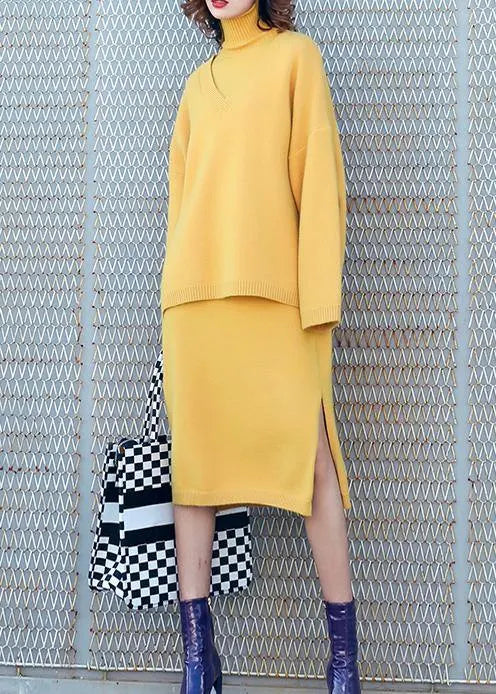 Autumn New Temperament Yellow High Collar Long-sleeved Sweater Suit Skirt Two-piece