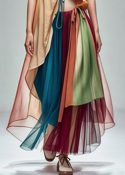 Unique Khaki Cinched Patchwork Cotton Tops and Tulle Skirts Two-piece Set Summer