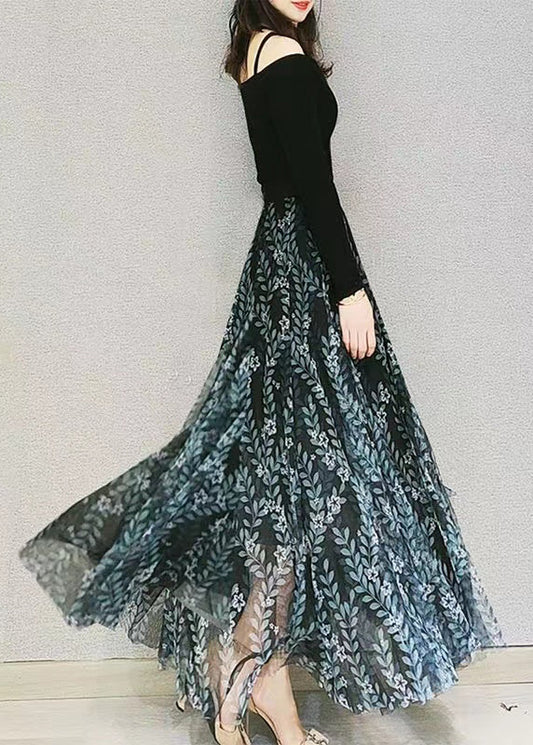 Green Print Elastic Waist Loose Tulle Skirt Spring
