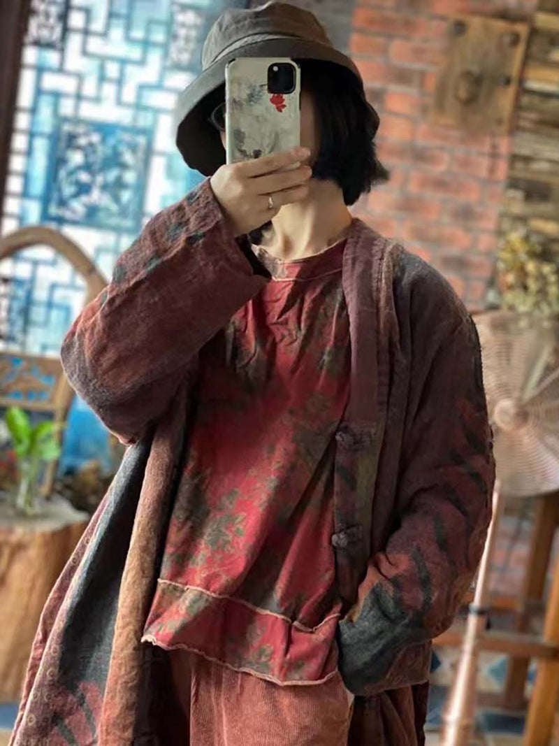 Color Block Worn Button Breasted Loose Coat