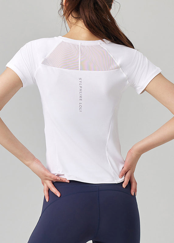 White Tulle Patchwork Short Sleeve Yoga Top