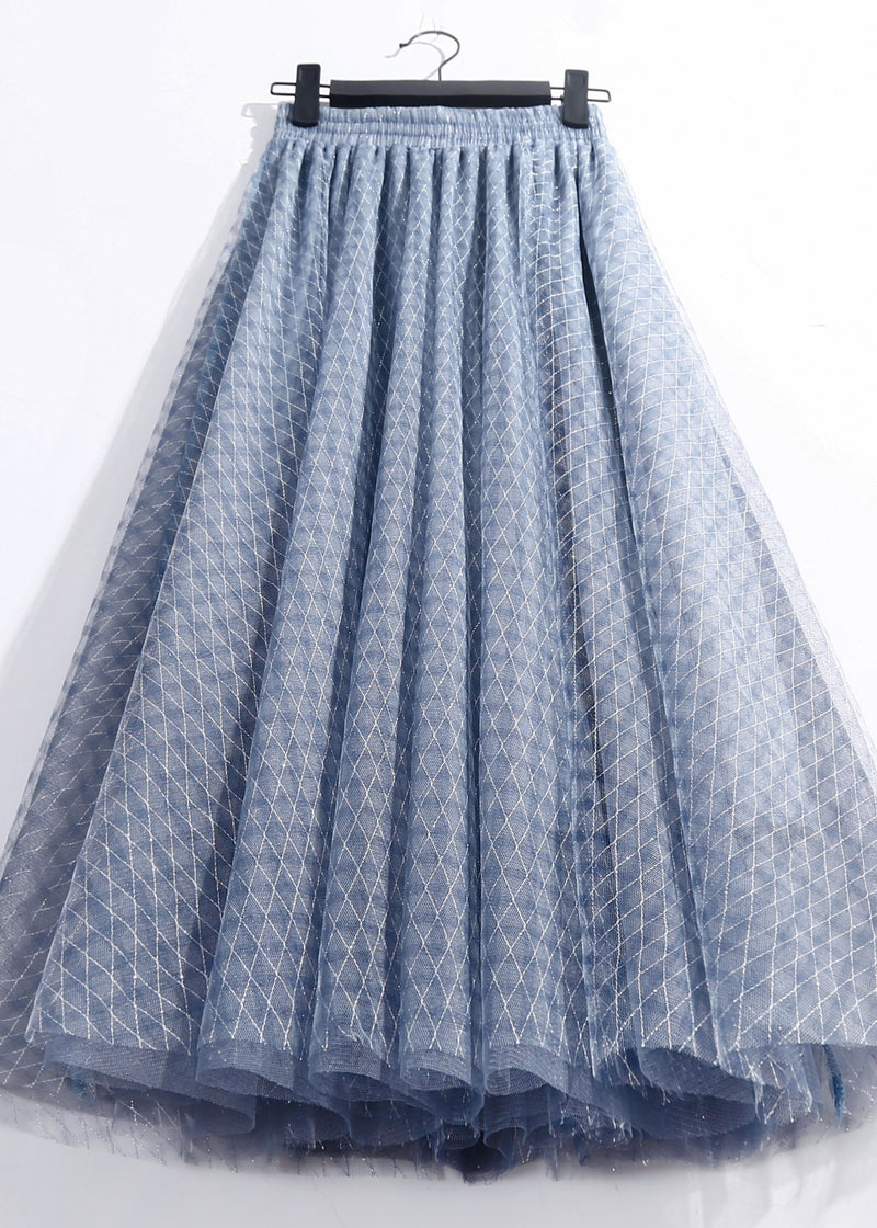 Blue Elastic Waist Plaid Tulle a Line Skirts Spring