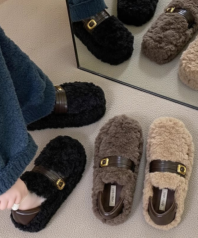 Khaki Fuzzy Fur Fluffy Splicing Platform Flat Shoes