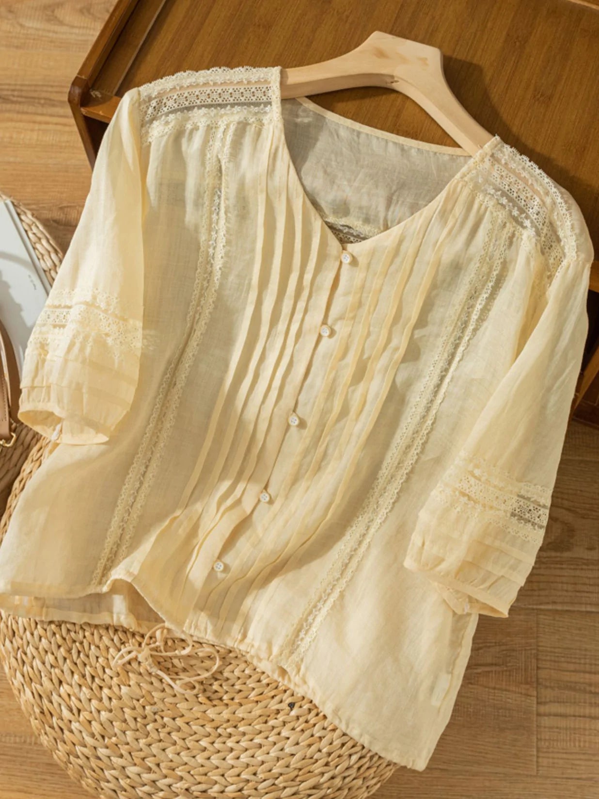 Pure Color V Neck 3/4 Sleeve Linen Top