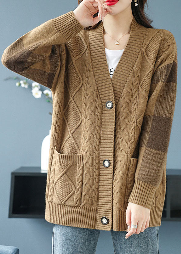 Camel V Neck Pockets Button Patchwork Knit Cardigan Fall