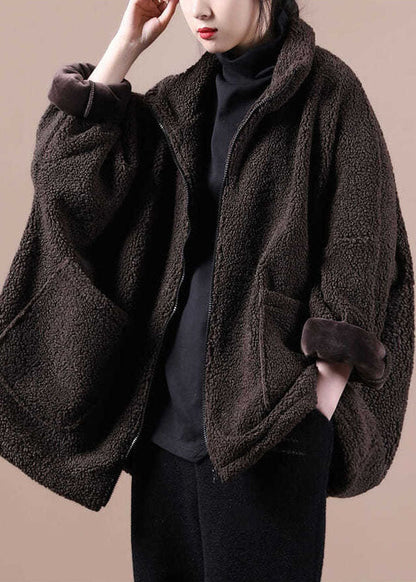Coffee Warm Teddy Faux Fur Loose Coats Zip Up Batwing Sleeve