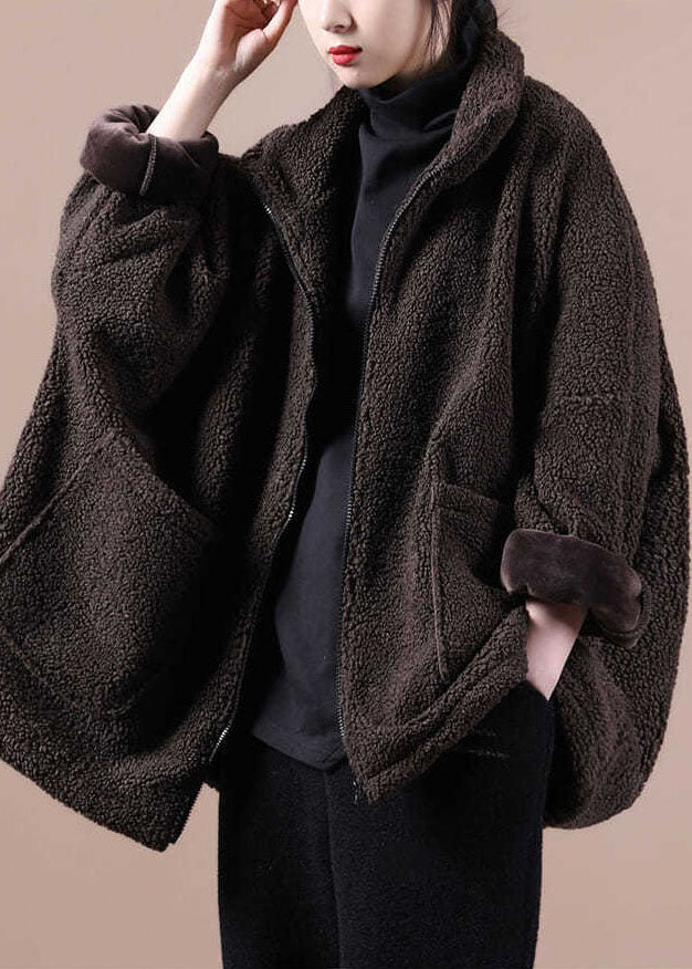 Coffee Warm Teddy Faux Fur Loose Coats Zip Up Batwing Sleeve
