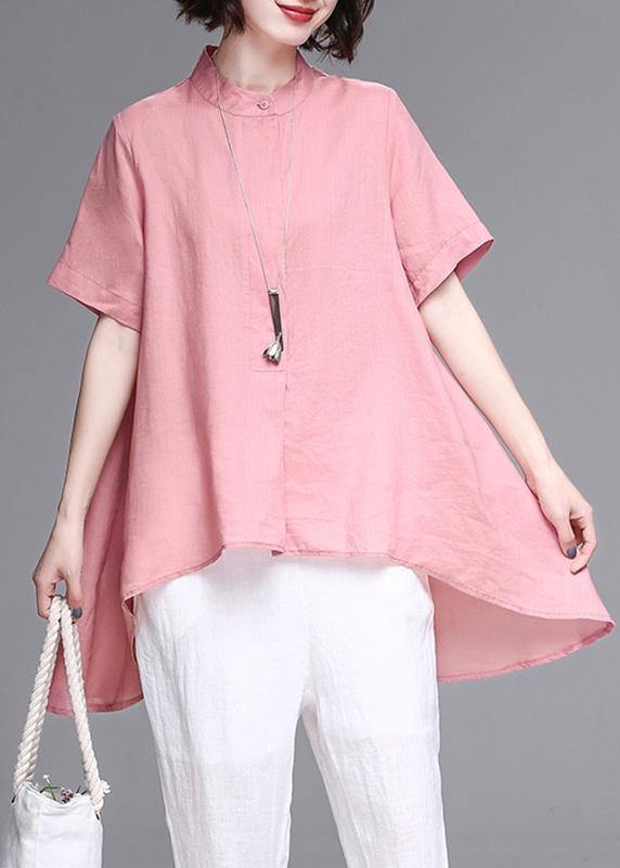 Pink Cotton Linen Clothes Work Stand Collar Asymmetric Summer Tops