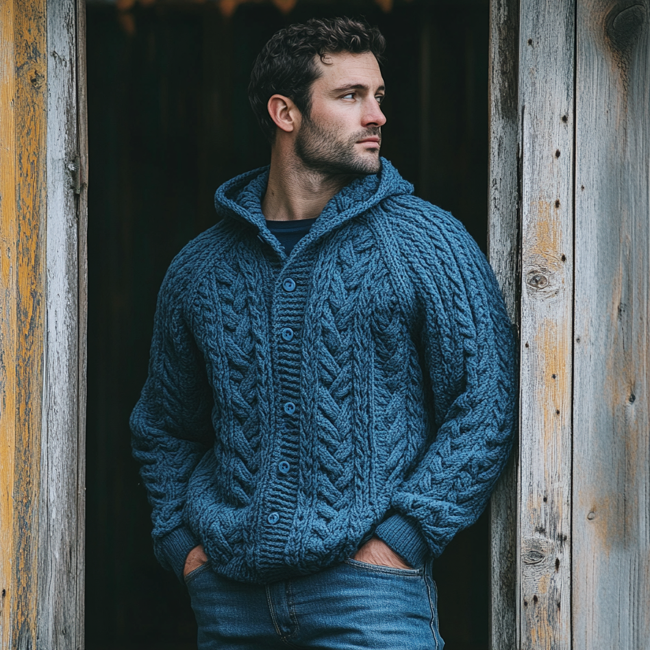 Men'S Vintage Burlap Jacquard Hooded Button-Up Sweater elevenforest