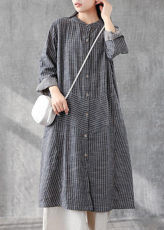 Gray Striped Linen Tunics Stand a Line Skirts Art Dresses