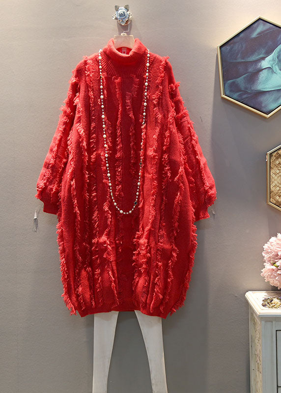 Red High Neck Tasseled Cozy Knit Sweater Dress Winter