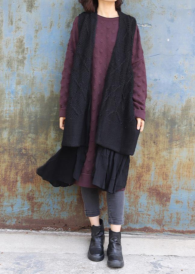 Sleeveless Knit Outwear Oversize Black Hollow Out Knit Cardigans