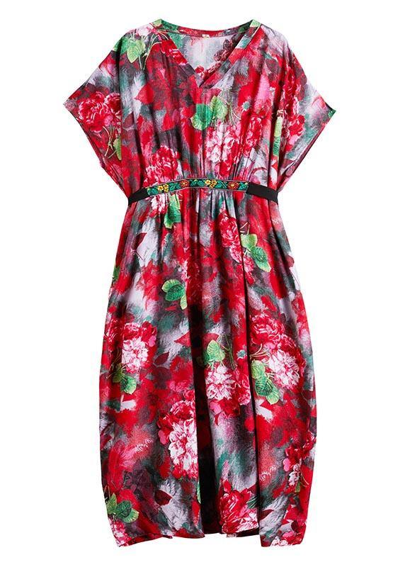 Classy V Neck Tie Waist Summer Tutorials Red Print Art Dress