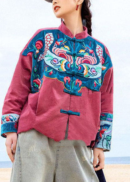 Unique Red Button Stand Collar Embroideried Corduroy Coat