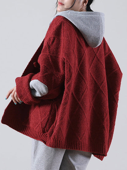 - Hooded Knitted Pocket Patchwork Sweater Coat