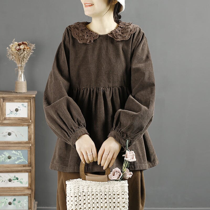 Autumn Winter Loose Corduroy Lace Patchwork Sweater