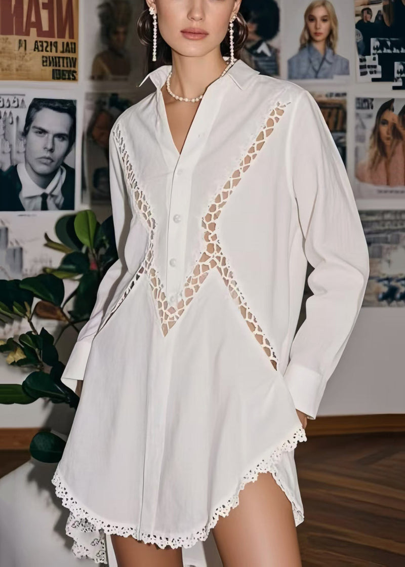 White Hollow Out Patchwork Lace Long Blouses Spring