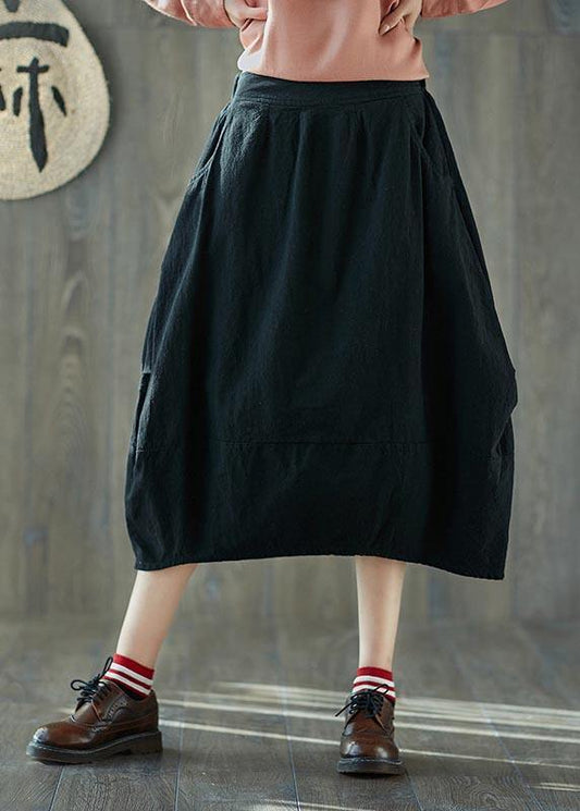 French Black Elastic Waist Lantern Cotton Linen Skirt Summer