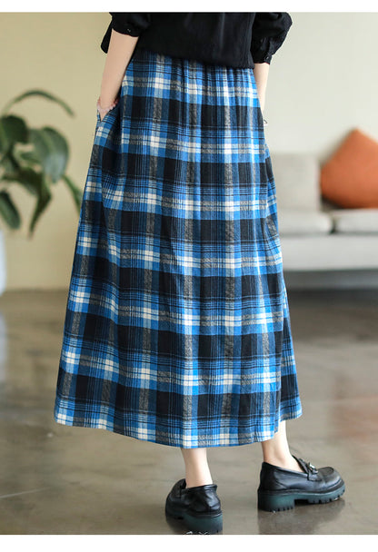 Cotton and Linen Check Elastic High Waist A-line Skirt