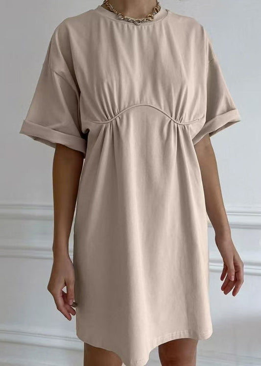Loose Khaki O Neck Cotton Mid Dress Summer