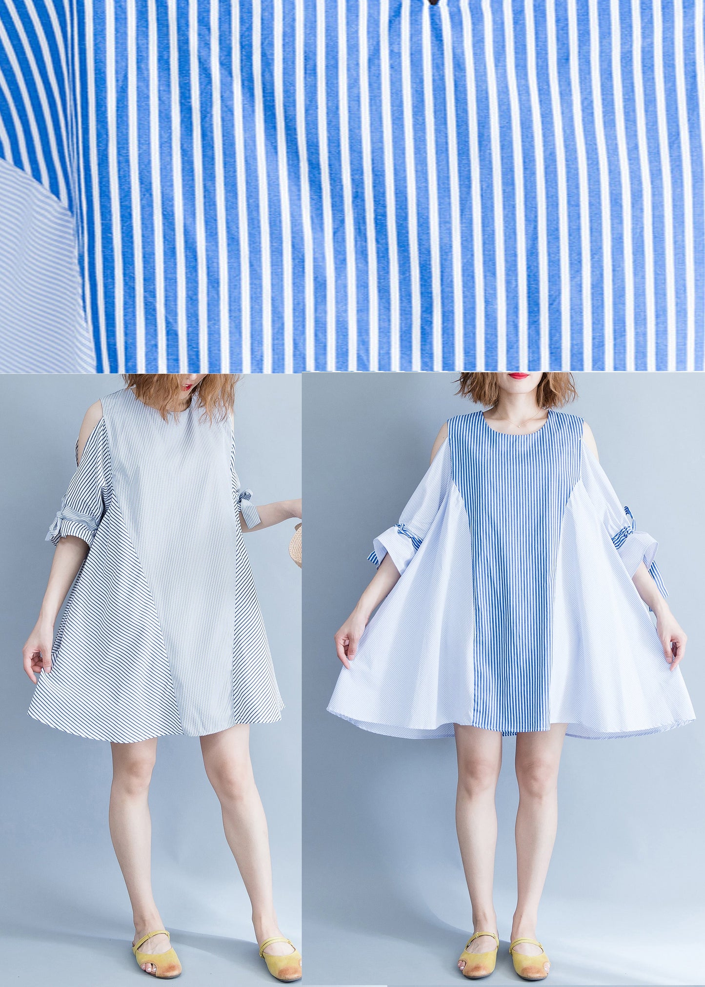 Blue Striped Cotton Clothes Fabrics Off the Shoulder Summer Dresses