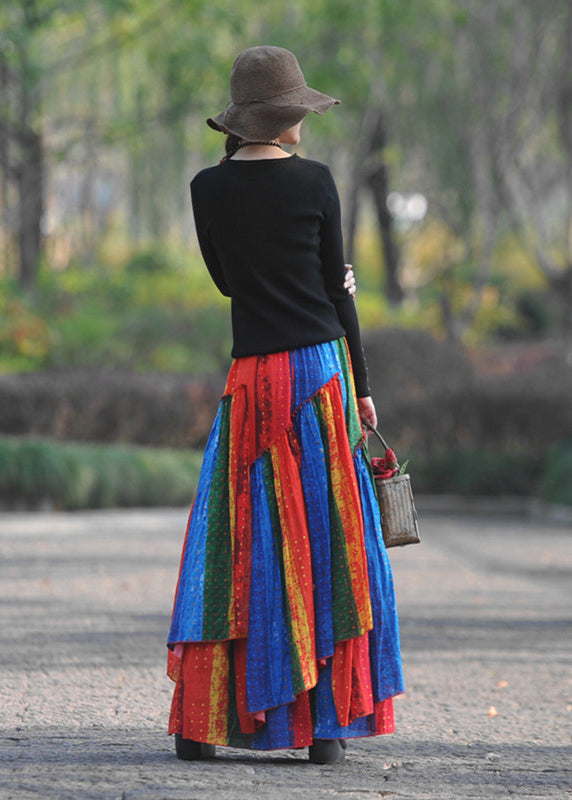 Multi Color Wrinkled Patchwork Exra Large Hem Cotton Maxi Skirt Spring