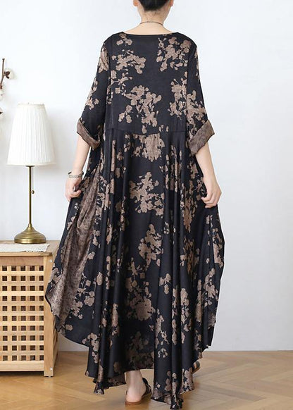 Loose Silk Satin Wind Dress Black Chocolate Color Printing Two-piece Goddess Big Swing Skirt