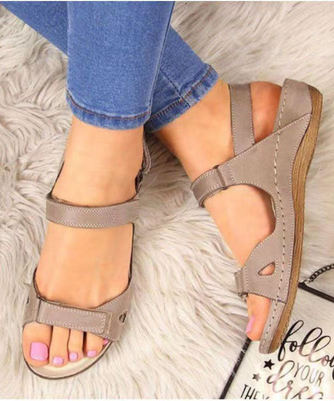 Splicing Peep Toe Wedge Sandals Brown Faux Leather